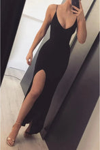 Load image into Gallery viewer, Sexy black Satin Mermaid prom dresses spaghetti straps tight evening dress
