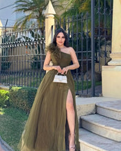 Load image into Gallery viewer, One-Shoulder Olive Green Split Tulle A Line Prom Dress With Slit

