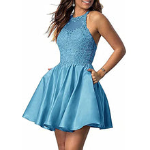 Load image into Gallery viewer, Short Homecoming Dress 2023 Halter Neck Satin with Appliques Pockets
