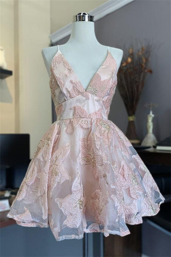 Pink Homecoming Dress 2023 Short Spaghetti Straps Floral Tulle