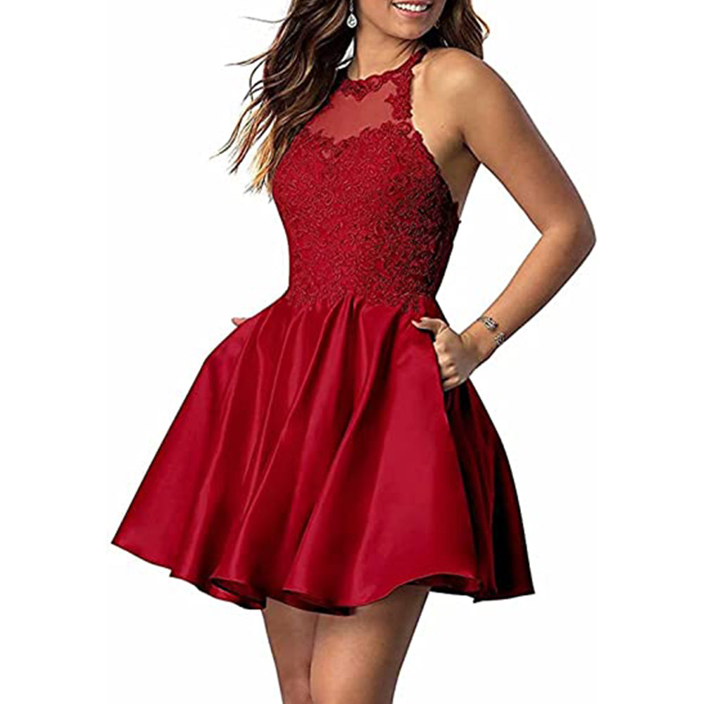 Short Homecoming Dress 2023 Halter Neck Satin with Appliques Pockets