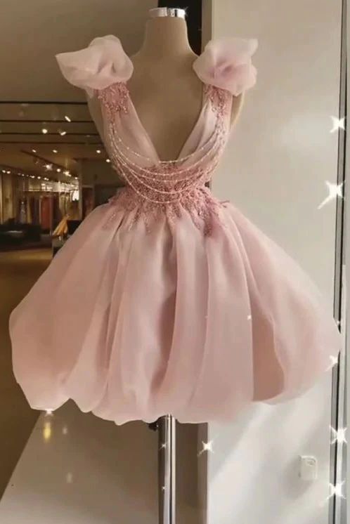 Pink Homecoming Dress 2023 Short V Neck Sleeveless Tulle