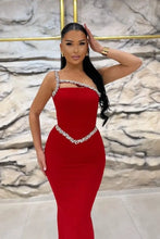 Load image into Gallery viewer, One-Shoulder Red Beaded Satin Mermaid Prom Dress
