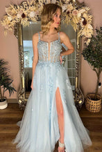 Load image into Gallery viewer, Light Blue Tulle Floral Lace Split Neck A-Line Prom Dress with Slit
