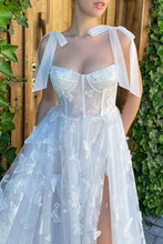 Load image into Gallery viewer, A-Line Empire-Waist Lace High Slit Floral Sleeveless Long Prom Formal Dress with Pockets
