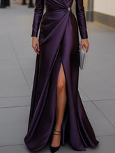 Load image into Gallery viewer, Satin Asymmetric Draped Long Sleeves Mermaid Prom Dress Evening Gown With Slit
