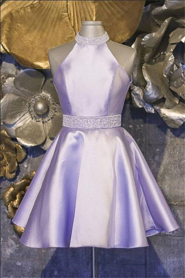 Lilac Homecoming Dress 2023 Halter Neck Satin Sleeveless