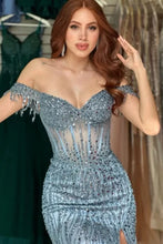Load image into Gallery viewer, Off Shoulder Mermaid Sequins Appliques Tulle Prom Dress with High Side Slit
