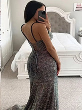 Load image into Gallery viewer, Sheath Spaghetti Straps Sleeveless Sweep Train Corset Sequins Prom Dresses
