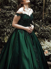 Load image into Gallery viewer, Ball Gown Off-the-Shoulder Sleeveless Floor-Length Lace Appliques Satin Prom Dresses
