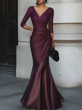 Load image into Gallery viewer, V-Neck 3/4 Sleeve Satin pleated Draped Mermaid Prom Dress
