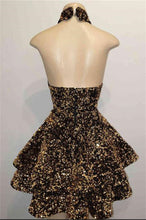Load image into Gallery viewer, Black Homecoming Dress 2023 Halter Neck Sequin Hollow Sparkly
