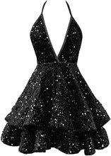 Load image into Gallery viewer, Black Girl Short Homecoming Dress 2023 Short Spaghetti Straps Tiered Sparkly
