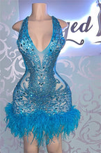 Load image into Gallery viewer, Blue Homecoming Dress 2023 Short V Neck Sleeveless Sequin with Feathers
