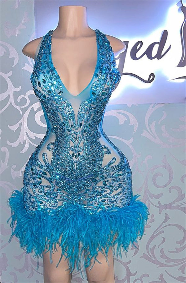 Blue Homecoming Dress 2023 Short V Neck Sleeveless Sequin with Feathers