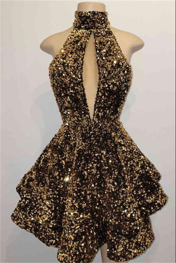 Black Homecoming Dress 2023 Halter Neck Sequin Hollow Sparkly