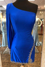 Load image into Gallery viewer, Royal Blue Homecoming Dress 2023 Short One-shoulder Long Sleeve Rhinestones
