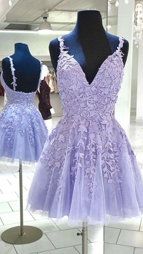 Lilac Homecoming Dress 2023 Short Spaghetti Straps Lace Appliques