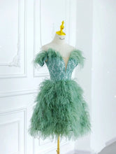 Load image into Gallery viewer, Green Homecoming Dress 2023 Short Fairy Off the Shoulder Sequin with Feathers
