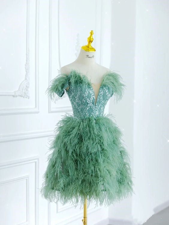 Green Homecoming Dress 2023 Short Fairy Off the Shoulder Sequin with Feathers