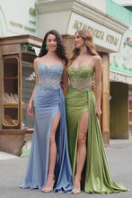 Load image into Gallery viewer, Dusty Blue Mermaid  Pleated Corset Satin Long Prom Dress with Side Streamer
