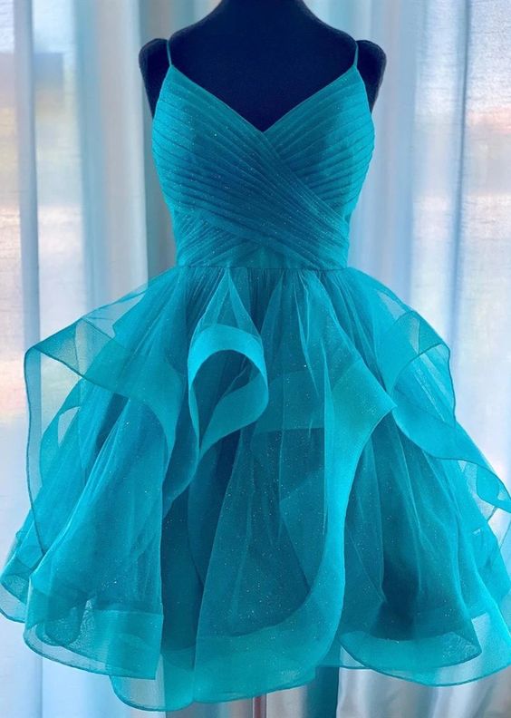 Teal Homecoming Dress 2023 Short Spaghetti Straps Tulle Sparkly