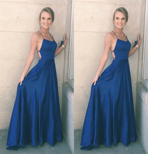 Load image into Gallery viewer, Blue spaghetti straps criss back satin prom dress long evening gown
