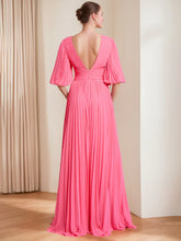 Load image into Gallery viewer, Formal Floor Length Half Sleeve V-Neck Chiffon A-Line Prom Dresses With Pleats Ruched
