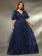 Load image into Gallery viewer, Dark Green V Neck A Line Embroidered Lace Mother of the Bride Dress with Flutter Sleeve
