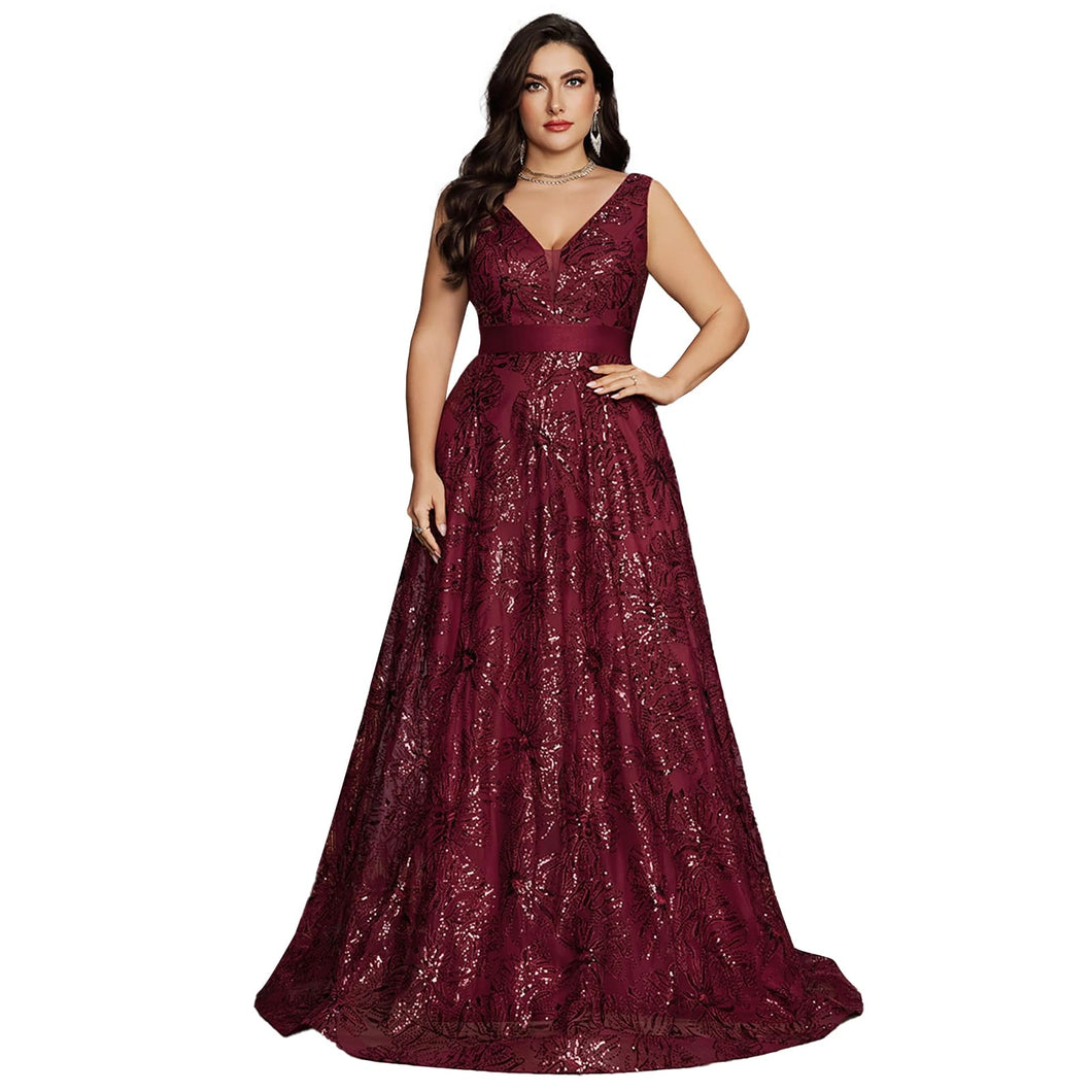 Burgundy V Neck A Line Plus Size Mother of the Bride Dress with Sequin Appliques