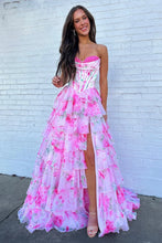 Load image into Gallery viewer, Sweetheart A Line Split Chiffon Long Prom Dresses Floral Print Evening Party Gowns with Ruffle
