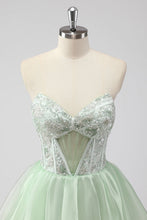Load image into Gallery viewer, Light Green Strapless Corset A Line Short Homecoming Dress
