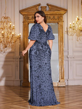 Load image into Gallery viewer, Teal Mermaid Plus Size V Neck Mother of the Bride Dress with Sequin Appliques
