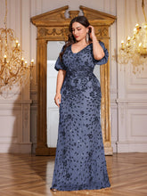 Load image into Gallery viewer, Teal Mermaid Plus Size V Neck Mother of the Bride Dress with Sequin Appliques
