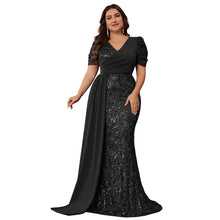 Load image into Gallery viewer, Peacock Mermaid Sequins V Neck Plus Size Mother of the Bride Dress with Streamer
