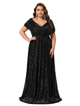 Load image into Gallery viewer, Green Sparkly Sequin V Neck A Line Mother of the Bride Dress with Cap Sleeves
