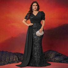 Load image into Gallery viewer, Peacock Mermaid Sequins V Neck Plus Size Mother of the Bride Dress with Streamer
