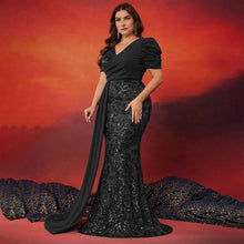 Load image into Gallery viewer, Peacock Mermaid Sequins V Neck Plus Size Mother of the Bride Dress with Streamer
