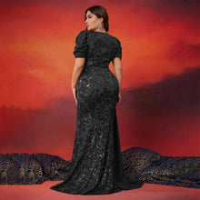 Load image into Gallery viewer, Peacock Mermaid Sequins V Neck Plus Size Mother of the Bride Dress with Streamer
