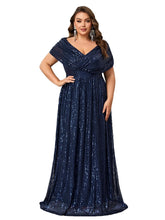 Load image into Gallery viewer, Green Sparkly Sequin V Neck A Line Mother of the Bride Dress with Cap Sleeves
