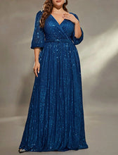 Load image into Gallery viewer, Blue Shiny Sequin V Neck A Line Mother of the Bride Dress with 3/4 Sleeves
