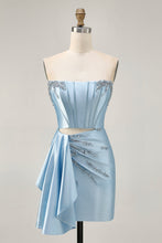 Load image into Gallery viewer, Blue Cut Out Corset Beaded Tight Satin Homecoming Dress with Streamer
