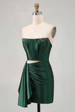 Load image into Gallery viewer, Blue Cut Out Corset Beaded Tight Satin Homecoming Dress with Streamer
