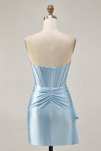 Load image into Gallery viewer, Blue Cut Out Corset Beaded Tight Satin Homecoming Dress with Streamer
