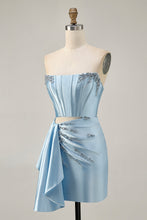 Load image into Gallery viewer, Blue Cut Out Corset Beaded Tight Satin Homecoming Dress with Streamer
