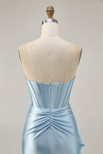 Load image into Gallery viewer, Blue Cut Out Corset Beaded Tight Satin Homecoming Dress with Streamer
