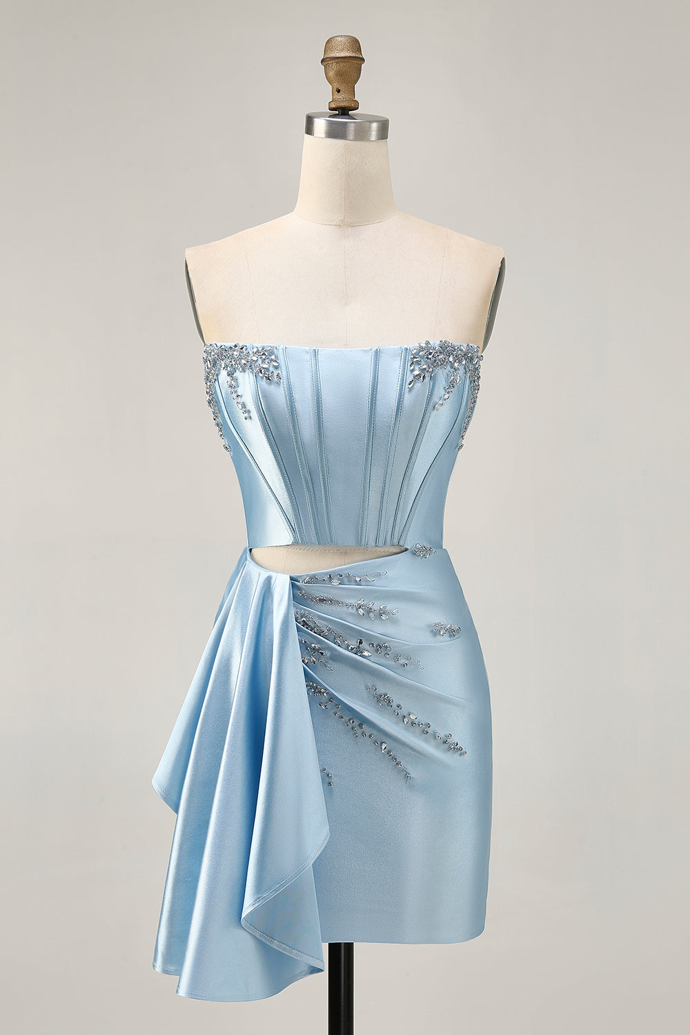Blue Cut Out Corset Beaded Tight Satin Homecoming Dress with Streamer