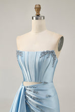 Load image into Gallery viewer, Blue Cut Out Corset Beaded Tight Satin Homecoming Dress with Streamer
