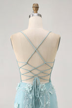 Load image into Gallery viewer, Blue Spaghetti Straps Sequins Corset Homecoming Dress with Flower Appliques
