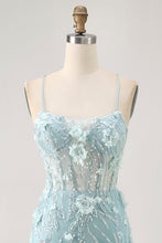 Load image into Gallery viewer, Blue Spaghetti Straps Sequins Corset Homecoming Dress with Flower Appliques
